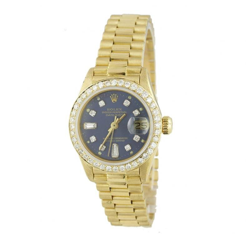 Ladies 18KT Yellow Gold Rolex Diamond DateJust: Ladies 18KT Yellow Gold Rolex Diamond DateJust Wristwatch A5049. Average Condition! RL1006UK. One ladies, hand crafted & machine milled Rolex lady president the date just model wristwatch electronical