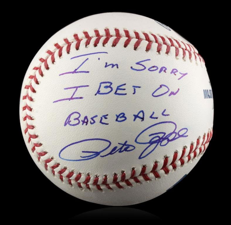 Autographed Pete Rose "I'm Sorry" Baseball PSA: Autographed Pete Rose "I'm Sorry" Baseball PSA Certified. Excellent Condition! DX153MA. Signed Pete Rose baseball with I'm Sorry I bet on Baseball written on the ball. Pete Rose had 4256 hits in his 2