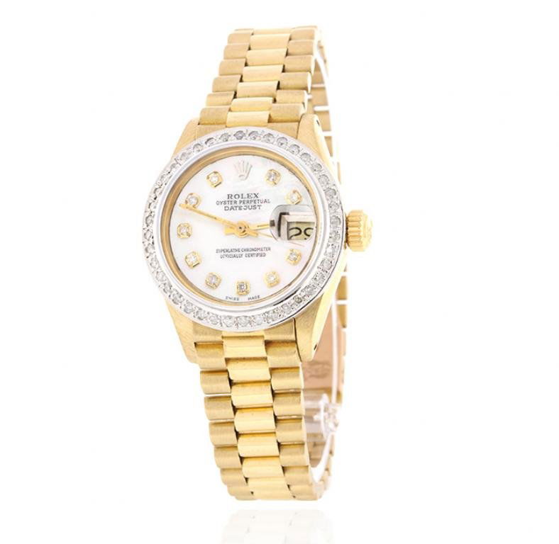 Ladies 18KT Gold Rolex Diamond DateJust Wristwatch: Ladies 18KT Yellow Gold Rolex Diamond DateJust Wristwatch A4810. Good Condition! UR9506FG. One ladies, hand crafted & machine milled Rolex Lady President the DateJust model wristwatch electronically t