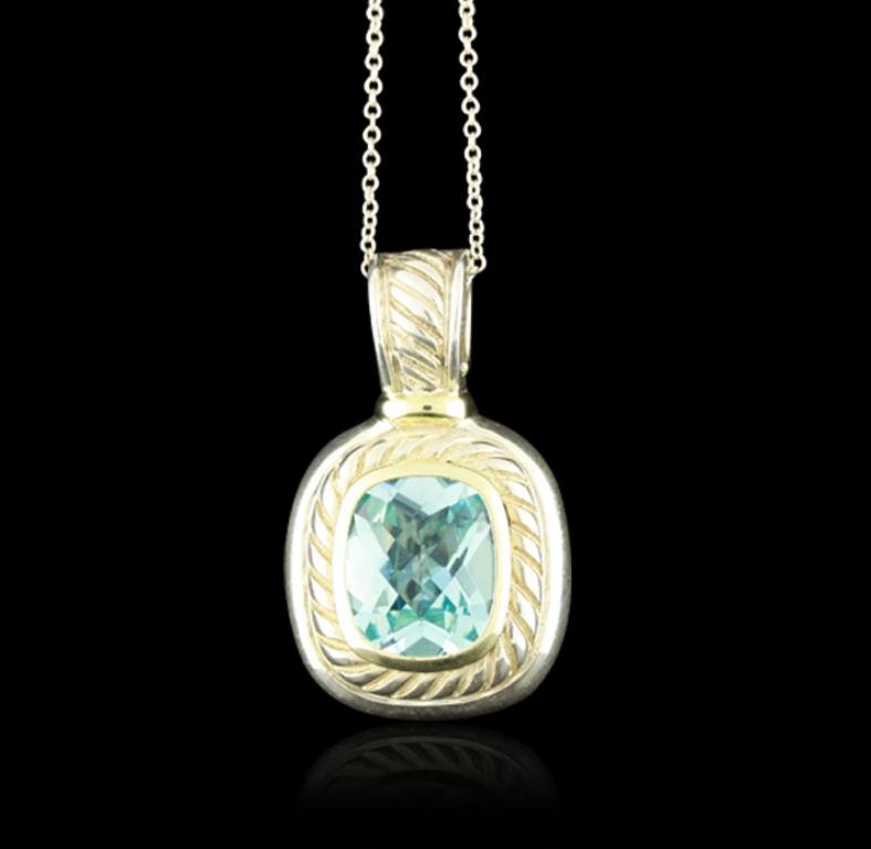 SILVER David Yurman 7.00ct Blue Topaz Pendant with: SILVER David Yurman 7.00ct Blue Topaz Pendant with Chain GB1924. Good Condition! ES104WK. One david yurman pendant with chain featuring: 13.3 grams of Silver and blue topaz with a total weight of 7.00
