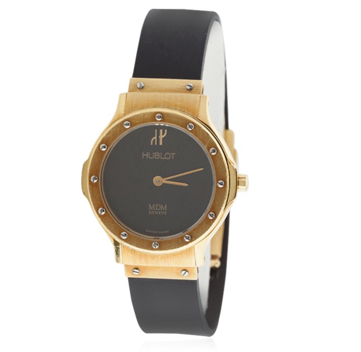 Hublot Geneve Ladies MDM 18KT Yellow Gold Wristwatch: Hublot Geneve Ladies MDM 18KT Yellow Gold Wristwatch GB1593. Good condition! EM7051ES. One Hublot Geneve Ladies MDM 18KT yellow gold watch. The watch features a 18KT yellow gold case, original gold fi