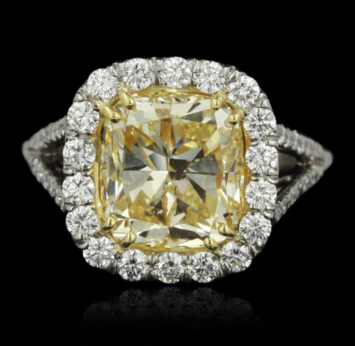 Platinum 5.00ct SI-1/Light Yellow Diamond Ring A5302: Platinum 5.00ct SI-1/Light Yellow Diamond Ring A5302. Great Condition! TT10053NX. One electronically tested platinum ladies cast diamond unity ring with a bright polish finish. Condition is new, good 