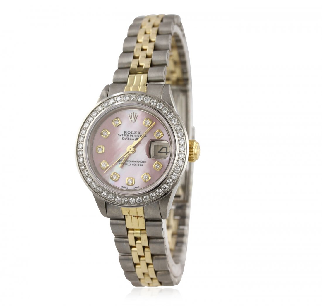 Ladies Two-Tone Rolex DateJust with Diamonds Wristwatch: Ladies Two-Tone Rolex DateJust with Diamonds Wristwatch BD386. Average Condition! GW1572DB. One ladies, hand crafted & machine milled Rolex DateJust Model wristwatch electronically tested, Stainless S