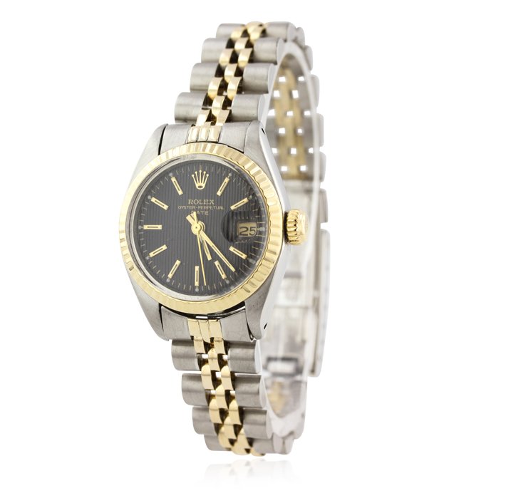 Ladies Rolex Two-Tone Date Model Wristwatch BD391: Ladies Rolex Two-Tone Date Model Wristwatch BD391. Average Condition! TP1081WC. One ladies, hand crafted & machine milled Rolex Date Model stainless steel & 14KT yellow gold wristwatch electronically 