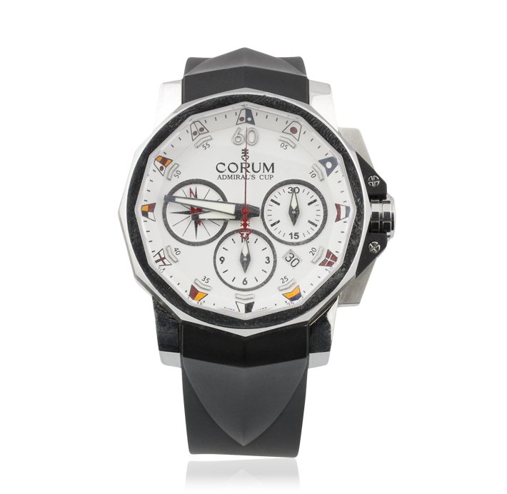 Gents Corum Admiral's Cup Challenge Chronograph Watch: Gents Corum Admiral's Cup Challenge Chronograph Watch GB1142. Great Condition! DB6004QB. One gents Corum Admiral's Cup Challenge chronograph watch. The watch features: stainless steel case, rubber str