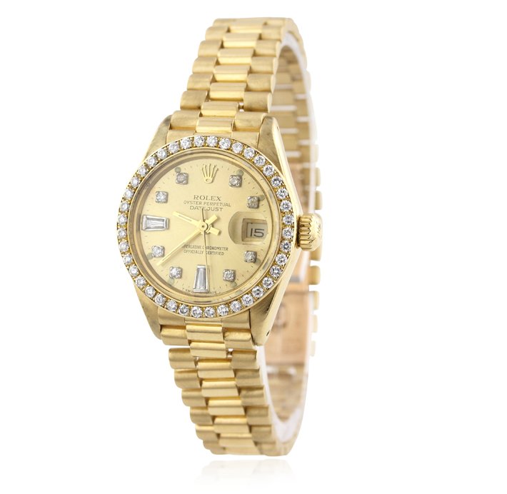 Ladies Rolex 18KT Gold DateJust Wristwatch with: Ladies Rolex 18KT Gold DateJust Wristwatch with Diamonds BD407. Average Condition! GE1006CF. One ladies, hand crafted & machine milled Rolex Lady President the DateJust model wristwatch electronically