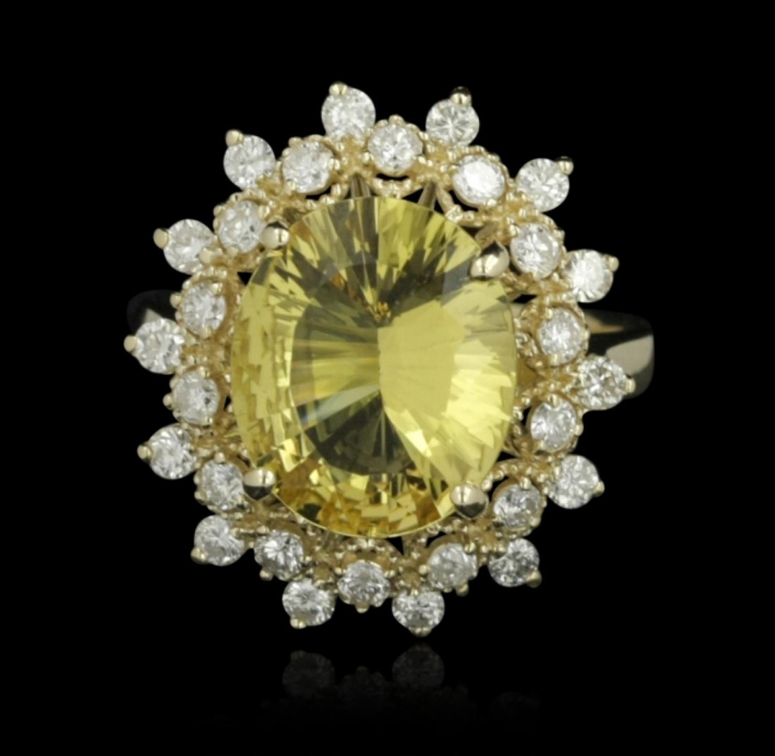 14KT Yellow Gold 3.27ct Beryl and Diamond Ring A5203: 14KT Yellow Gold 3.27ct Beryl and Diamond Ring A5203. Great Condition! TG108TX. One polished, stamped, and electronically tested solid 14K yellow gold ring mounted with: 1 genuine beryl center stone w