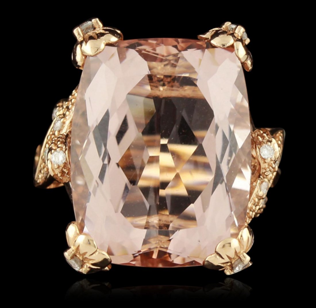 14KT Rose Gold 20.60ct Morganite & Diamond Ring CRJ1: 14KT Rose Gold 20.60ct Morganite & Diamond Ring CRJ1. Good Condition! MF1051LU. One ring featuring: 4.81 grams of 14KT rose gold. (1) Morganite with a total weight of 20.6cts. (12) Diamonds with a tot