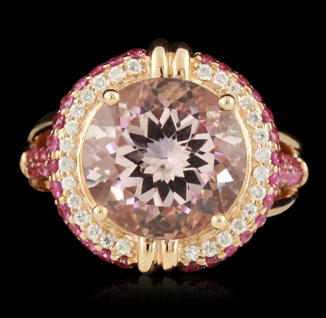 14KT Rose Gold 6.64ct Morganite & Diamond Ring CRJ8: 14KT Rose Gold 6.64ct Morganite & Diamond Ring CRJ8. Good Condition! QZ1031GC. One ring featuring: 5.92 grams of 14KT rose gold. (1) Morganite with a total weight of 6.64ct. (58) Diamonds with a total