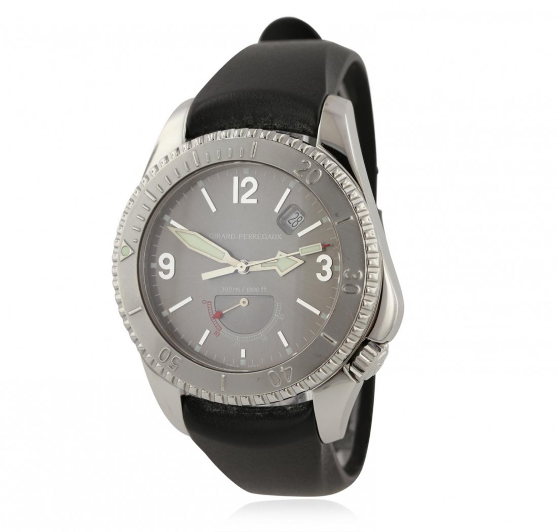 Girard Perregaux Sea Hawk II Watch GB2240: Girard Perregaux Sea Hawk II Watch GB2240. Good Condition. RZ2105GI. One Girard Perregaux sea hawk II watch. The watch features: 18KT white gold unidirectional bezel and stainless steel case. silver d