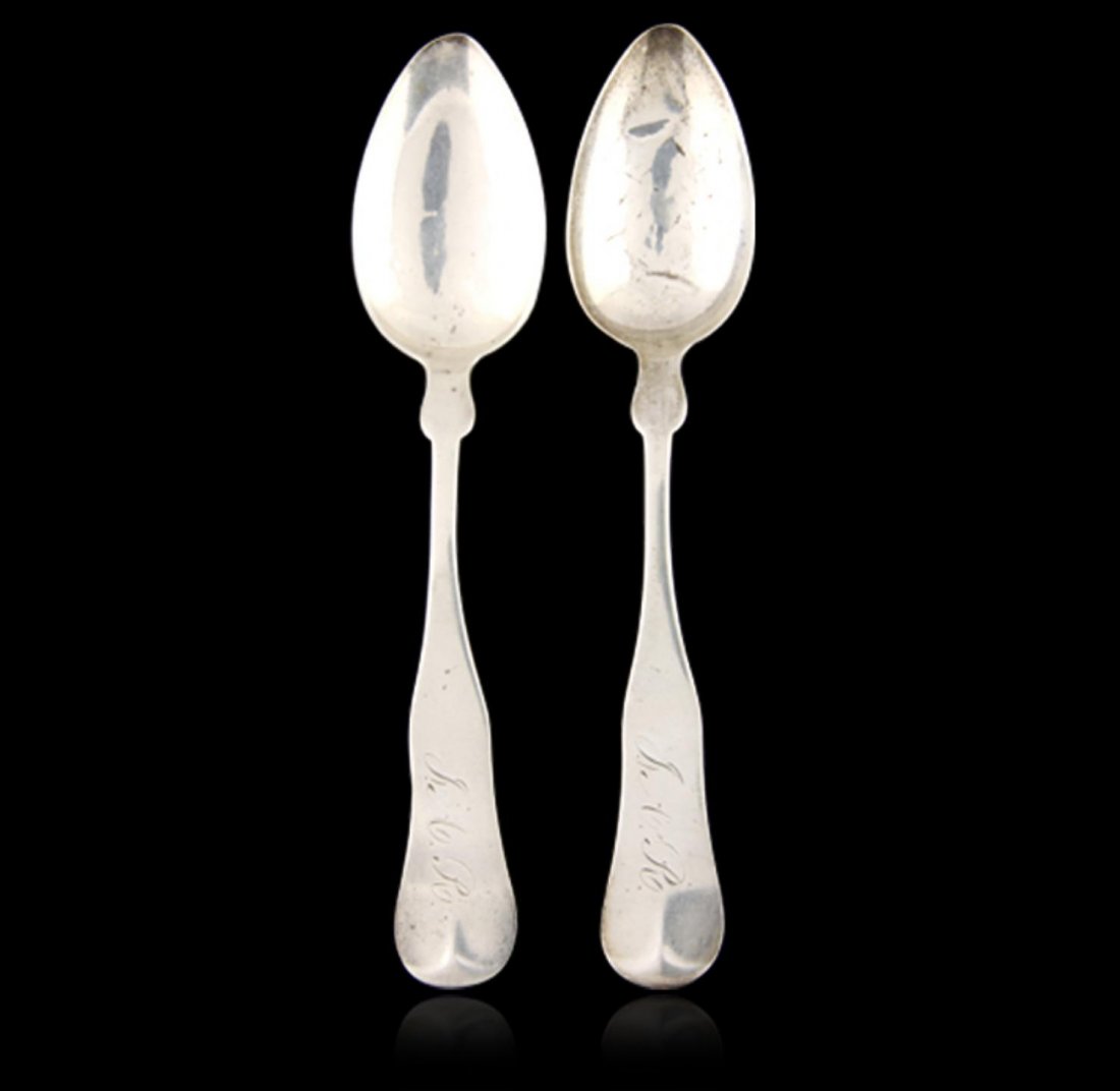 Set of (2) Coin Silver Spoons by Smith & Chamberlain: Set of (2) Coin Silver Spoons by Smith & Chamberlain ED1567. Good Condition. GS201XK. Two coin silver teaspoons crafted by James Smith and Benjamin Chamberlain of Salem, MA. They date from 1845 and ar