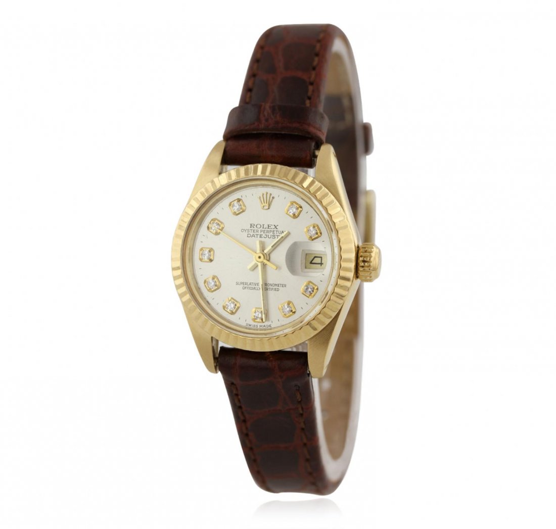 Ladies Rolex 18KT Yellow Gold Diamond DateJust: Ladies Rolex 18KT Yellow Gold Diamond DateJust Wristwatch GB2224. Average Condition! TZ1052YN. One ladies, hand crafted & machine milled Rolex DateJust model wristwatch electronically tested 18KT yell