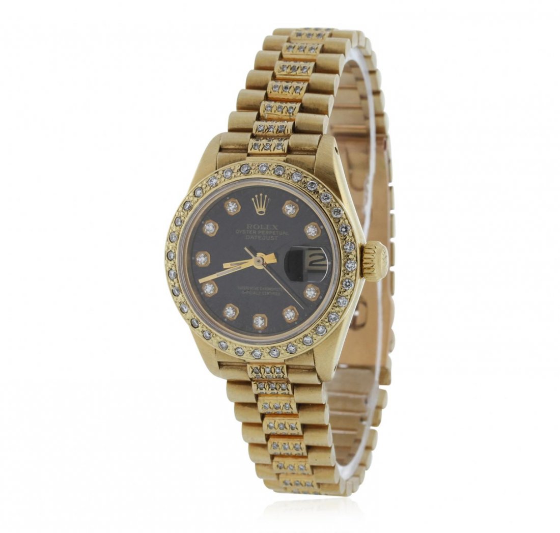 Ladies Rolex 18KT Gold Diamond DateJust Wristwatch: Ladies Rolex 18KT Gold Diamond DateJust Wristwatch BD415. Average Condition! KT9057XT. One ladies, hand crafted & machine milled Rolex Lady President, the DateJust model wristwatch electronically test
