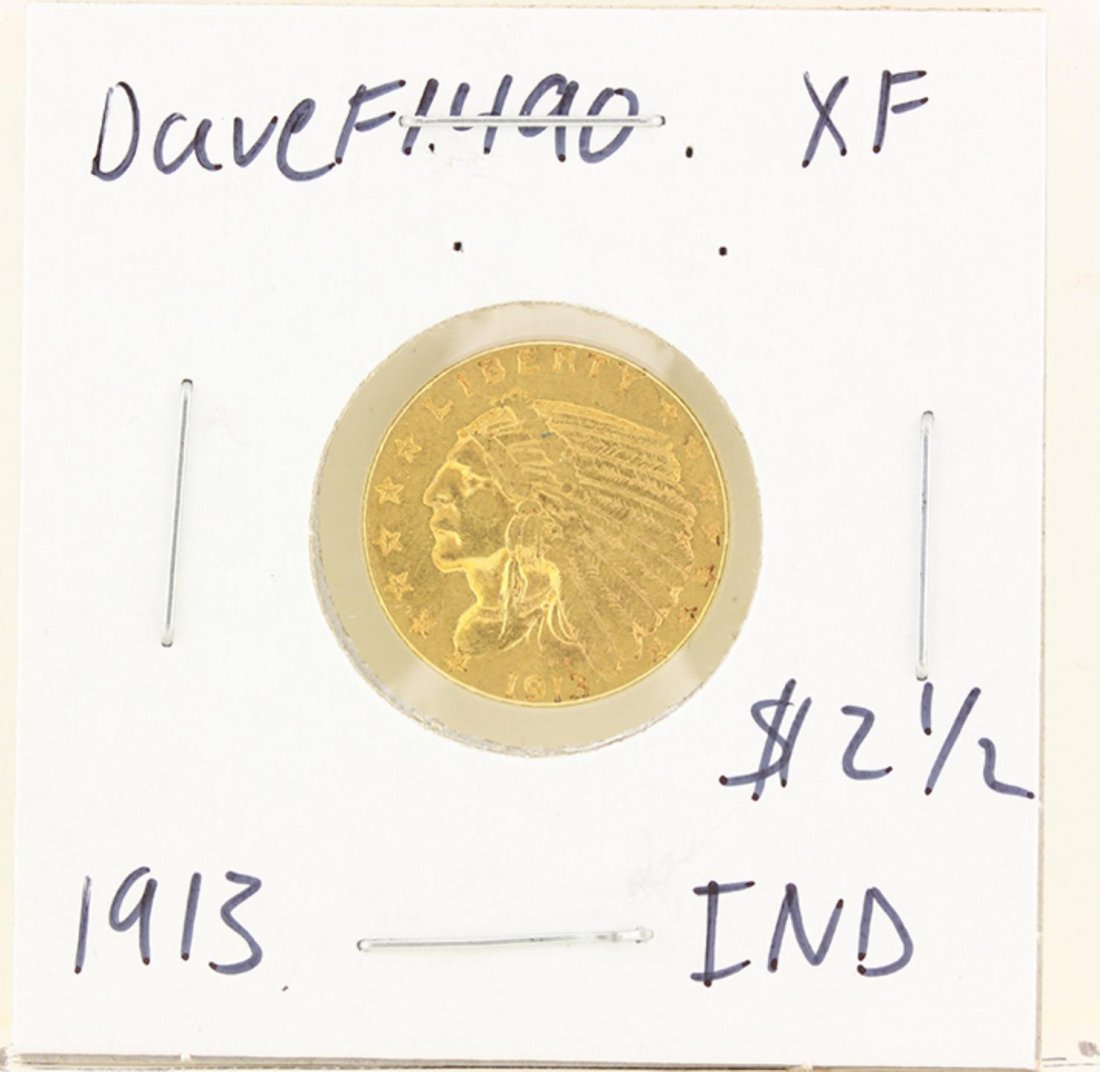 1913 $2 1/2 XF Indian Head Quarter Eagle Gold Coin: One 1913 $2 1/2 XF indian head quarter eagle gold coin. As-Is Condition! DB623CB.