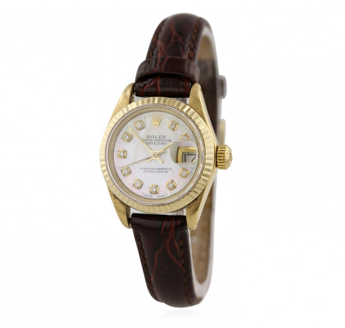 Ladies Rolex 18KT Yellow Gold Diamond DateJust: Ladies Rolex 18KT Yellow Gold Diamond DateJust Wristwatch GB2223. Average Condition! EF1052RN. One ladies, hand crafted & machine milled Rolex DateJust model wristwatch electronically tested 18KT yell