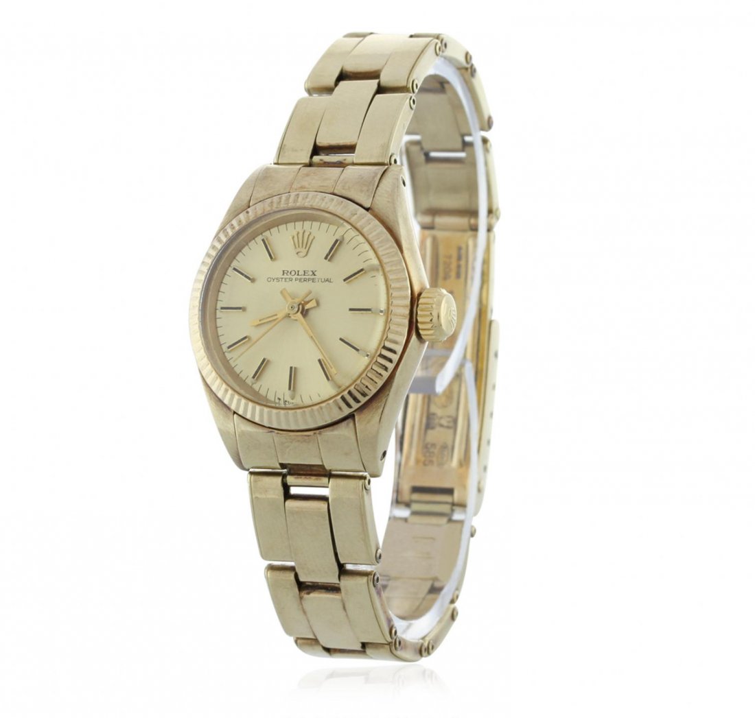 Ladies Rolex 18KT Gold Oyster Perpetual Wristwatch: Ladies Rolex 18KT Gold Oyster Perpetual Wristwatch A5449. Average Condition. RK2672PH. One ladies, hand crafted & machine milled Rolex Oyster Perpetual, model wristwatch electronically tested 18KT yel