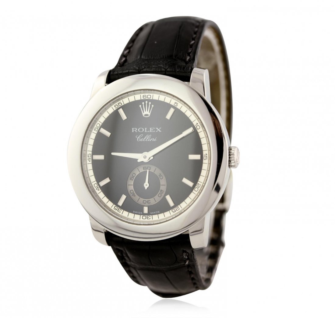 Gents Rolex Platinum Cellini Wristwatch GB2221: Gents Rolex Platinum Cellini Wristwatch GB2221. G-5 Fine Condition! UE1056VX. One gents, Rolex Cellini Cellinium wristwatch, electronically tested platinum, Case: 38mm diameter, Case Back: manufacture