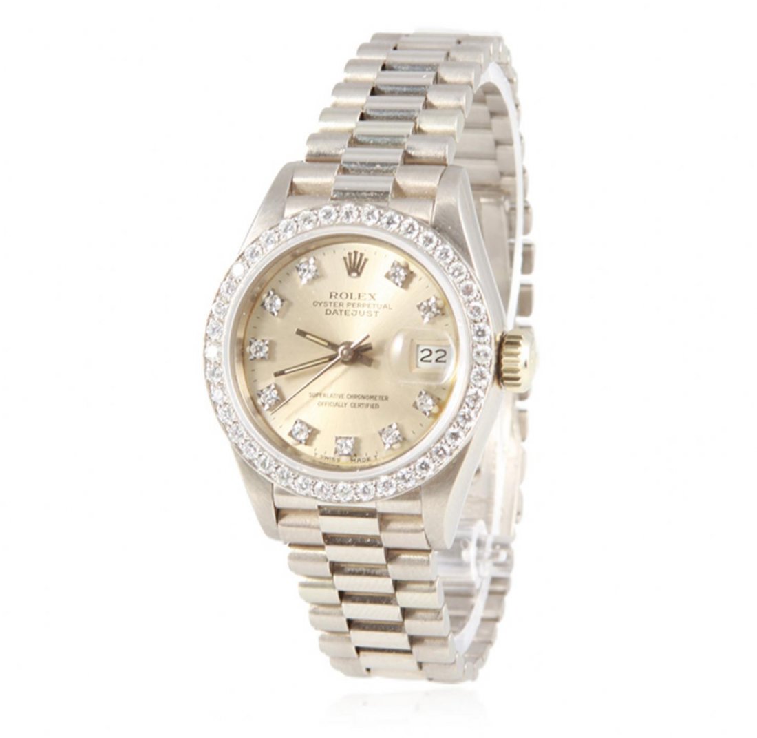 Ladies Rolex 18KT White Gold Diamond DateJust: Ladies Rolex 18KT White Gold Diamond DateJust Wristwatch GB2012. Average Condition! BJ10031ZX. One ladies, hand crafted & machine milled Rolex Lady President the DateJust model wristwatch electronical