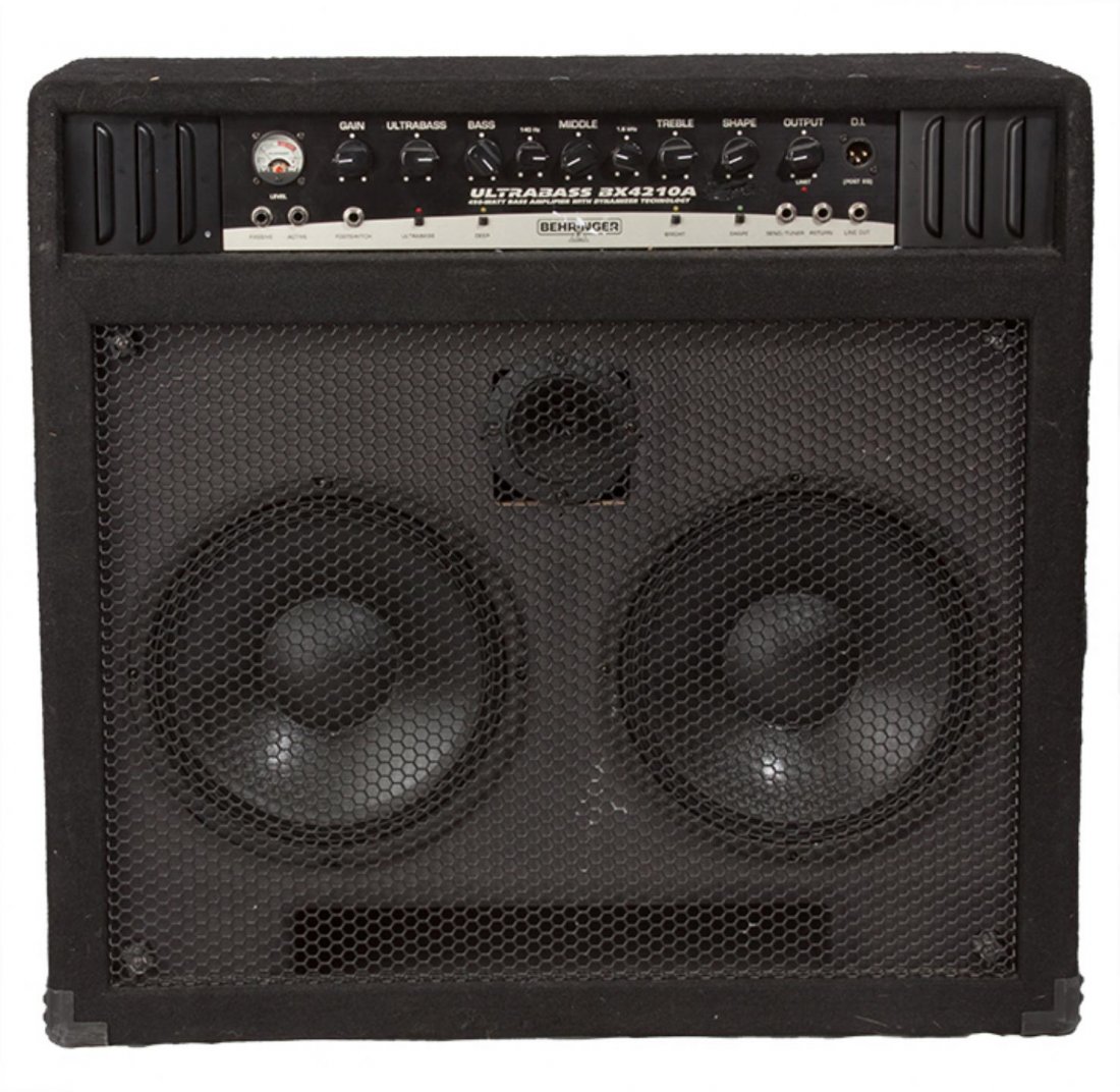 Behringer Ultrabass 2x10 Amplifier UK8: Behringer Ultrabass 2x10 Amplifier UK8. Good Condition! NC651GV. One bass amplifier featuring: behringer BX4210A, amplifier rated 225 watts @ 4 ohms and has measurements of 26" l x 14.5" w x 24.5" h.