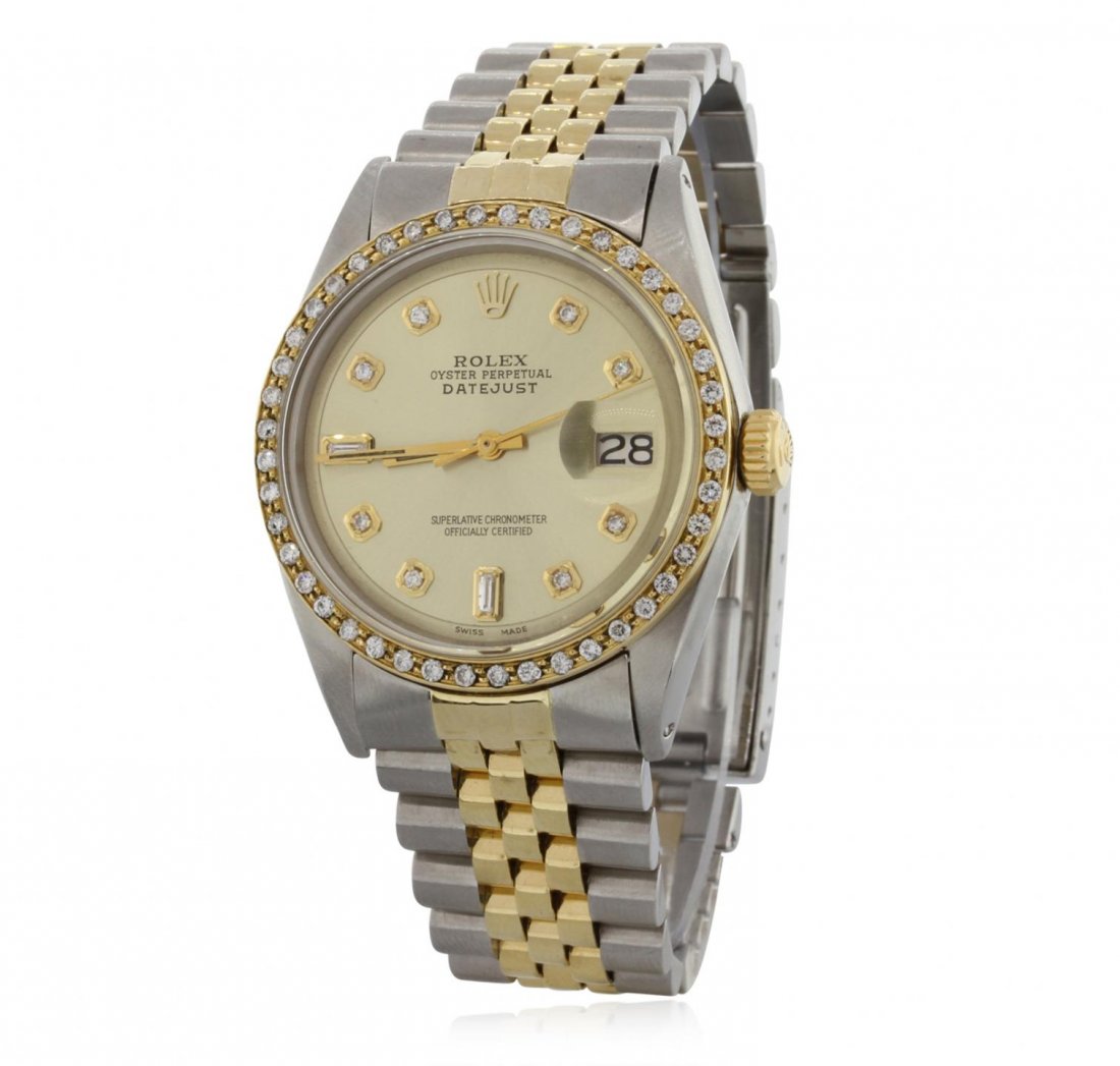 Gents Two Tone DateJust Diamond Wristwatch GB3078: Gents Two Tone DateJust Diamond Wristwatch GB3078. Average Condition. SH3524VR. One gents, hand crafted & machine milled Rolex two-tone DateJust wristwatch electronically tested, Stainless Steel Case: