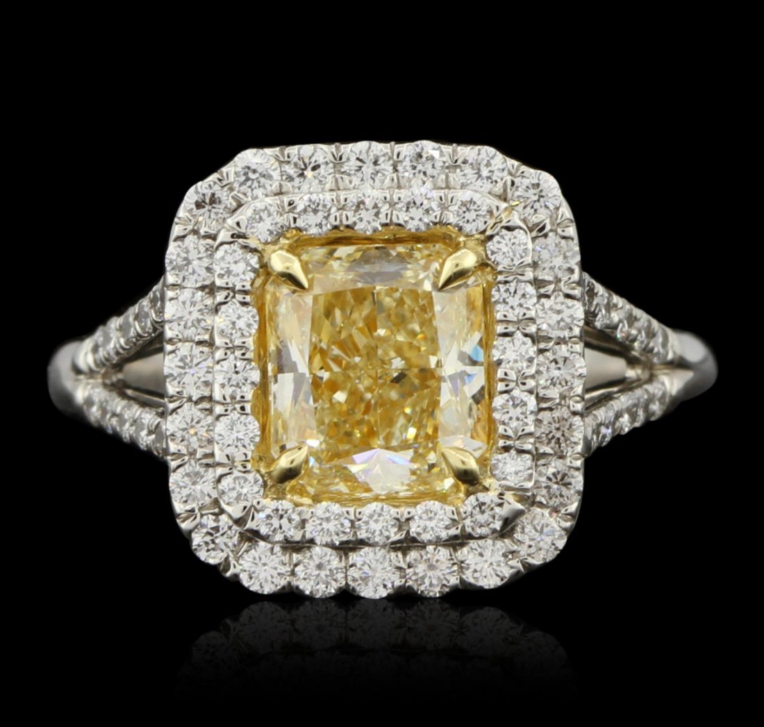 Platinum 2.02ct EGL Cert Fancy Yellow Diamond Ring HK3: Platinum 2.02ct EGL Cert Fancy Yellow Diamond Ring HK3. Good Condition. TB10011YW. One platinum diamond ring, consisting of one cut cornered rectangular modified brilliant fancy intense yellow diamond
