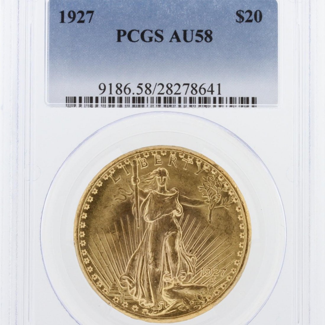 1927 $20 PCGS AU58 St. Gaudens Double Eagle Gold Coin: 1927 $20 PCGS AU58 St. Gaudens Double Eagle Gold Coin GCE351. As-Is Condition. LR1071TU. One 1927 $20 PCGS AU58 St. Gaudens Double Eagle Gold Coin.