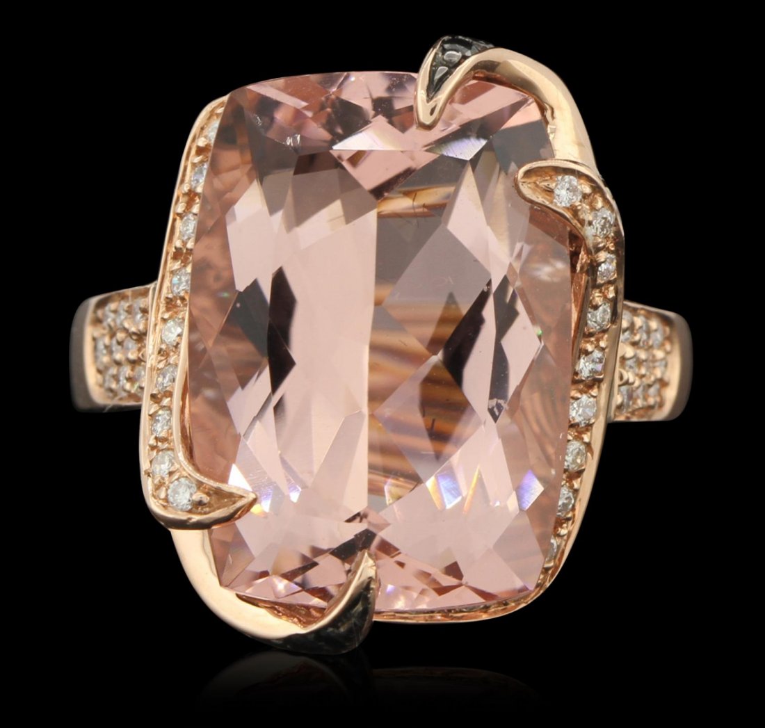 14KT Rose Gold 13.81ct Morganite and Diamond Ring CRJ93: 14KT Rose Gold 13.81ct Morganite and Diamond Ring CRJ93. Good Condition! CG4031AG. One ring featuring 4.35 grams of 14KT rose gold with (1) morganite with a total weight of 13.81cts and (82) brown and