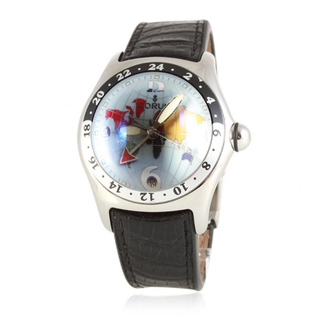 Gents Corum Bubble Map Wristwatch GB2115: Gents Corum Bubble Map Wristwatch GB2115. Great Condition! MR1052GF. One Gents Corum Bubble Automatic GMT World Timer Map watch featuring: a stainless steel case and deployment clasp, a genuine black