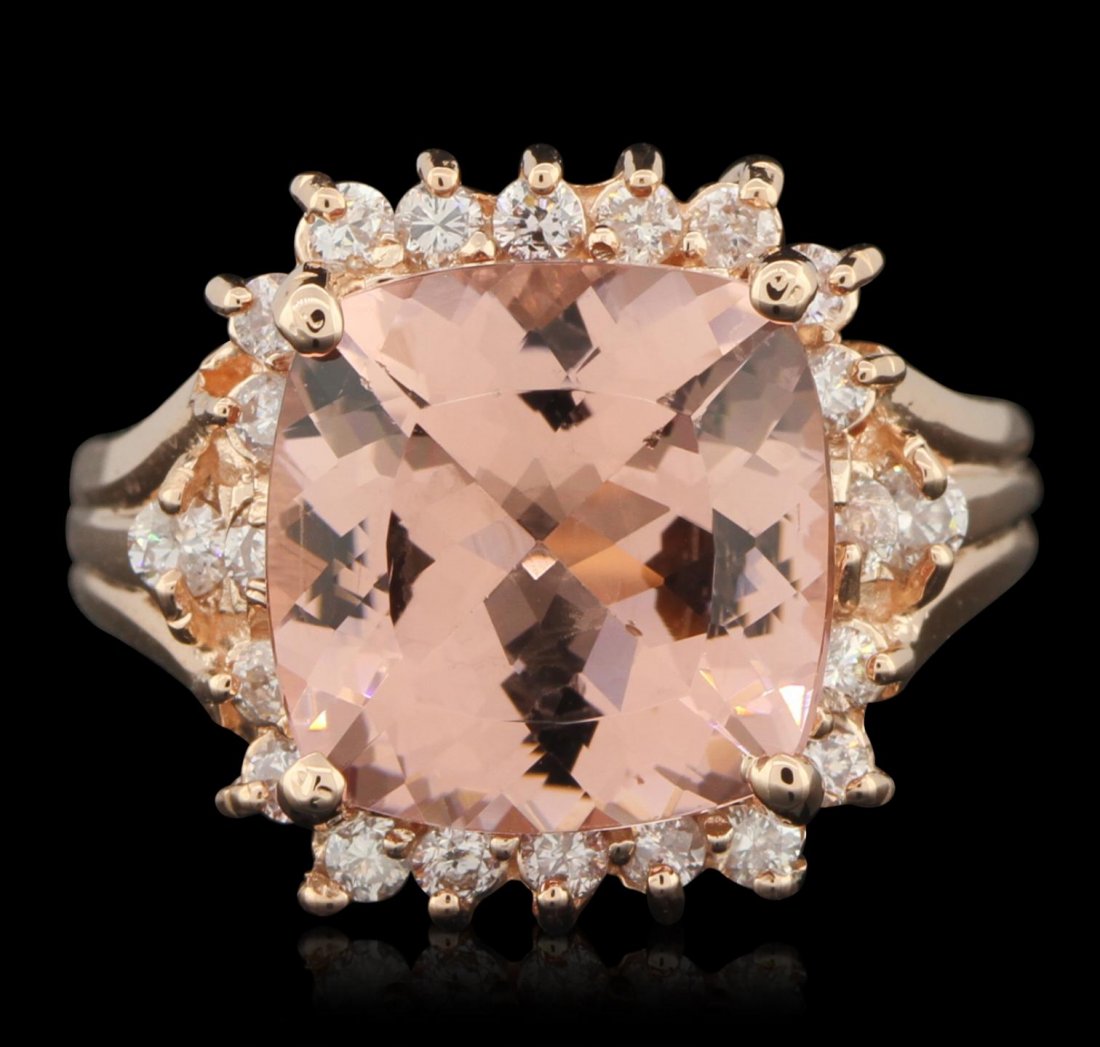 14KT Rose Gold 6.34ct Morganite and Diamond Ring A6179: 14KT Rose Gold 6.34ct Morganite and Diamond Ring A6179. Great Condition! UX5051WH. One electronically tested 14KT rose gold ladies cast morganite and diamond ring with a bright polish finish. Conditio