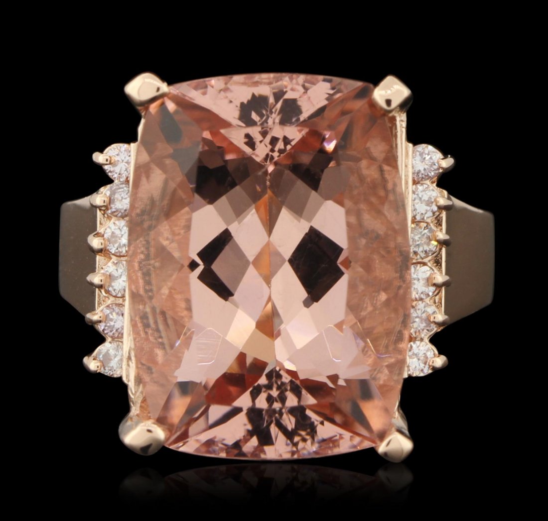 14KT Rose Gold 13.30ct Morganite and Diamond Ring A6177: 14KT Rose Gold 13.30ct Morganite and Diamond Ring A6177. Great Condition! AW7071XY. One electronically tested 14KT rose gold ladies cast morganite and diamond ring with a bright polish finish. Conditi
