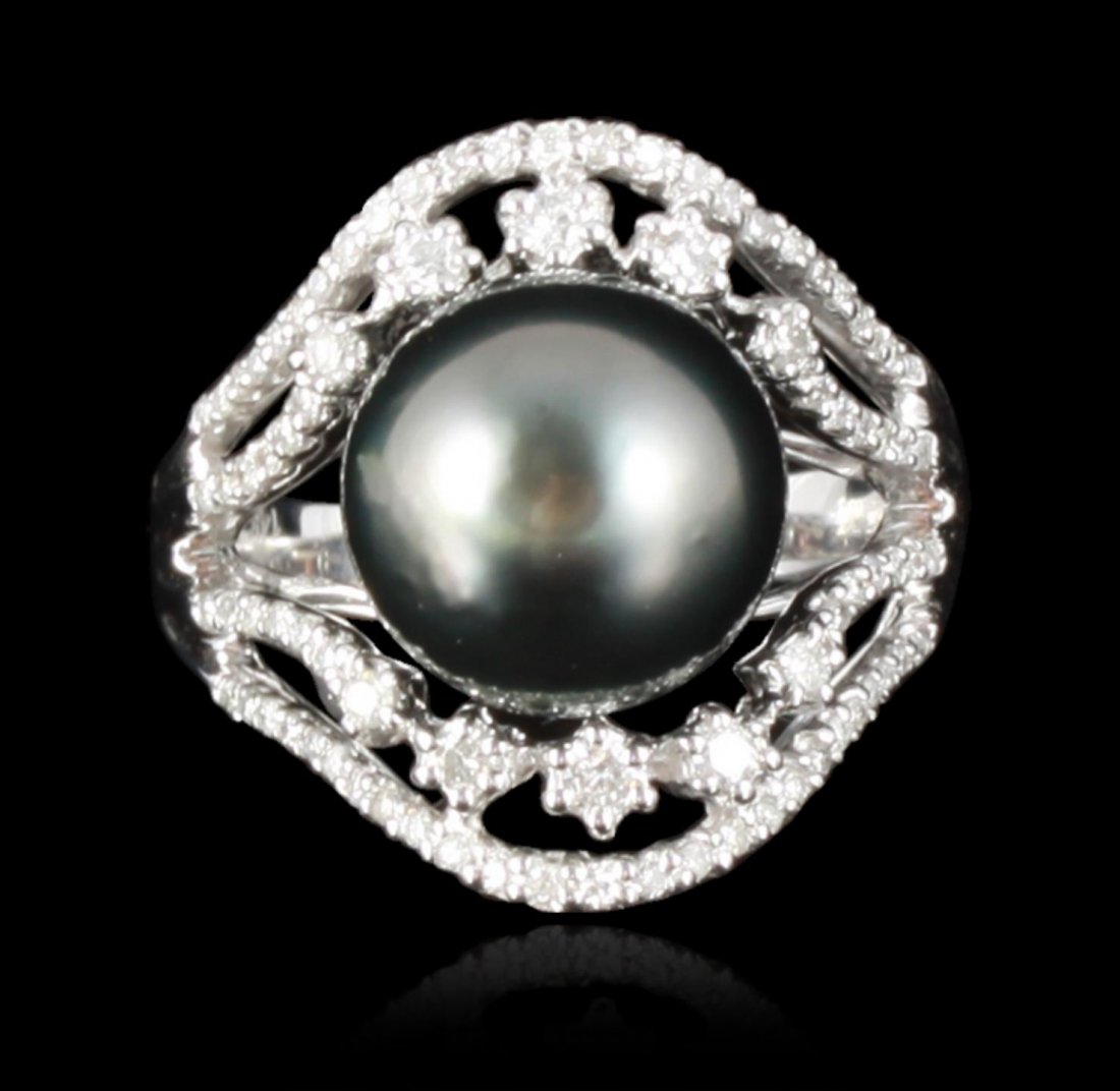 14KT White Gold Tahitian Pearl and Diamond Ring RM1155: 14KT White Gold Tahitian Pearl and Diamond Ring RM1155. Great Condition! JL4001LS. One electronically tested 14KT white gold ladies cast Tahitian cultured pearl & diamond ring with a bright polish fin