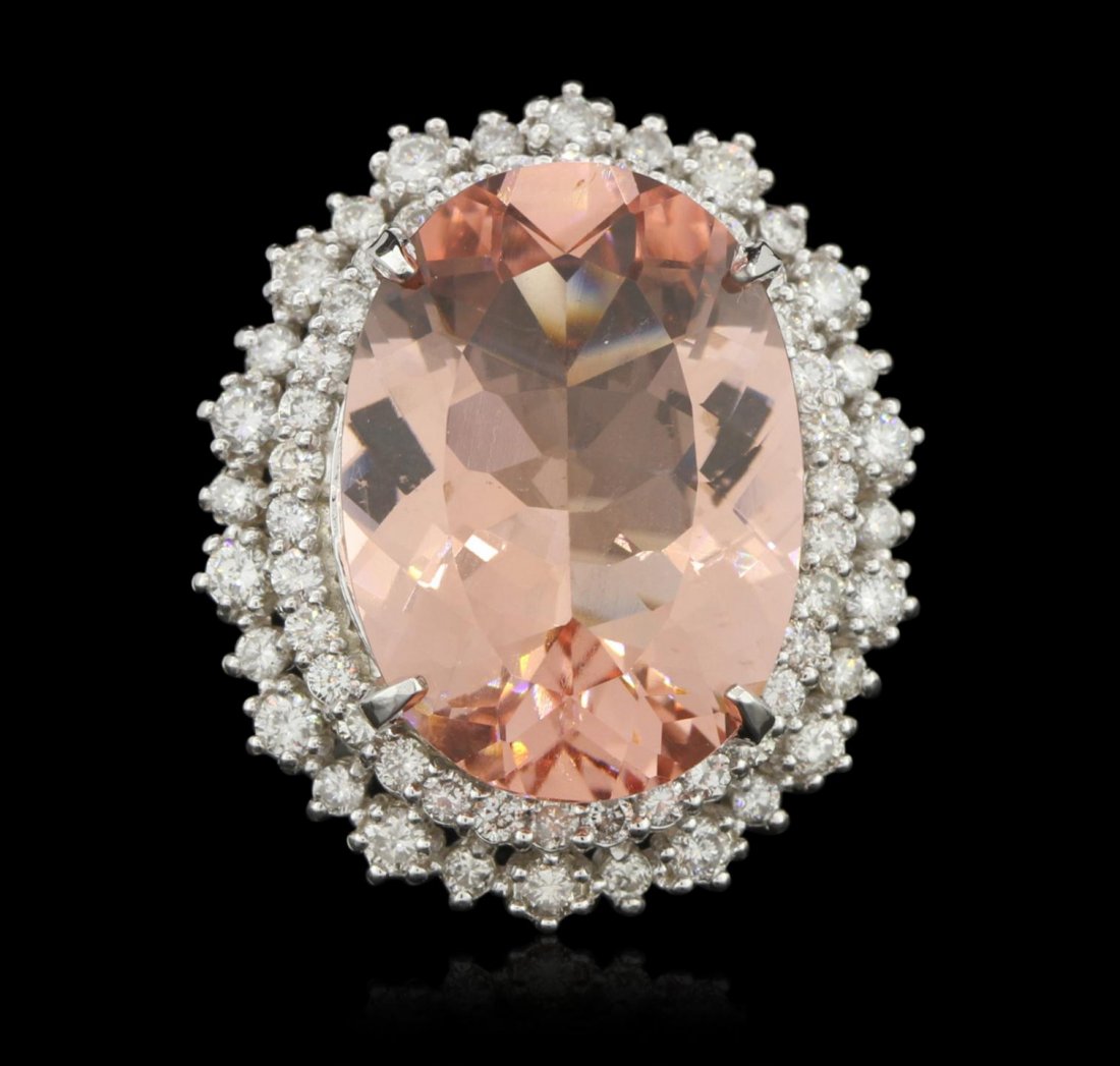 14KT White Gold 15.57ct GIA Cert Morganite and Diamond: 14KT White Gold 15.57ct GIA Cert Morganite and Diamond Ring A6264. Great Condition! JU5572KF. One electronically tested 14KT white gold ladies cast morganite and diamond ring with a bright polish fini