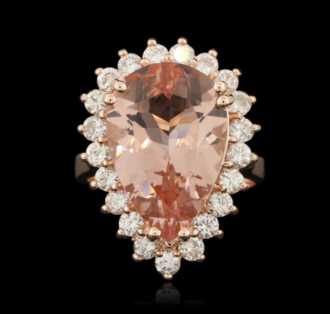 14KT Rose Gold 8.07ct Morganite and Diamond Ring A6236: 14KT Rose Gold 8.07ct Morganite and Diamond Ring A6236. Great Condition! SB7002EB. One electronically tested 14KT rose gold ladies cast morganite & diamond ring with a bright finish. Condition is new,