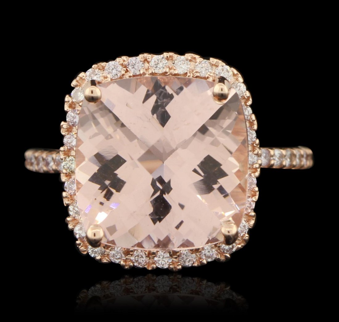 14KT Rose Gold 6.87ct Morganite and Diamond Ring A6154: 14KT Rose Gold 6.87ct Morganite and Diamond Ring A6154. Great Condition! PG7011AA. One electronically tested 14KT rose gold ladies cast morganite and diamond ring with a bright polish finish. Conditio