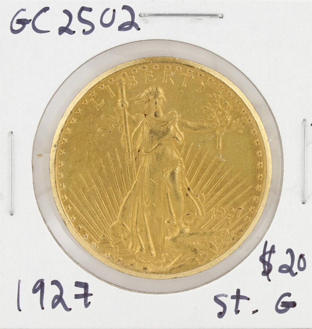 1927 $20 St. Gaudens Double Eagle Gold Coin GC2502: 1927 $20 St. Gaudens Double Eagle Gold Coin GC2502. As-Is Condition. SM1061RA. One 1927 $20 St. Gaudens Double Eagle Gold Coin.