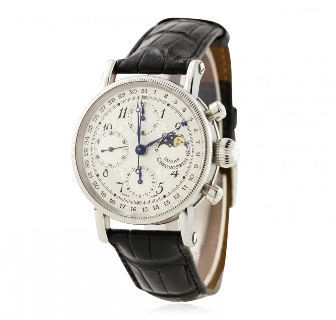 Gents Stainless Steel Chronoswiss Chronograph Moon: Stainless Steel Chronoswiss Chronograph White Moon phase Wristwatch GB3080. Good Condition! XR1573TR. One Gents, stainless steel Chronoswiss chronograph moon phase wristwatch. Model: CH7523, Case: 38m