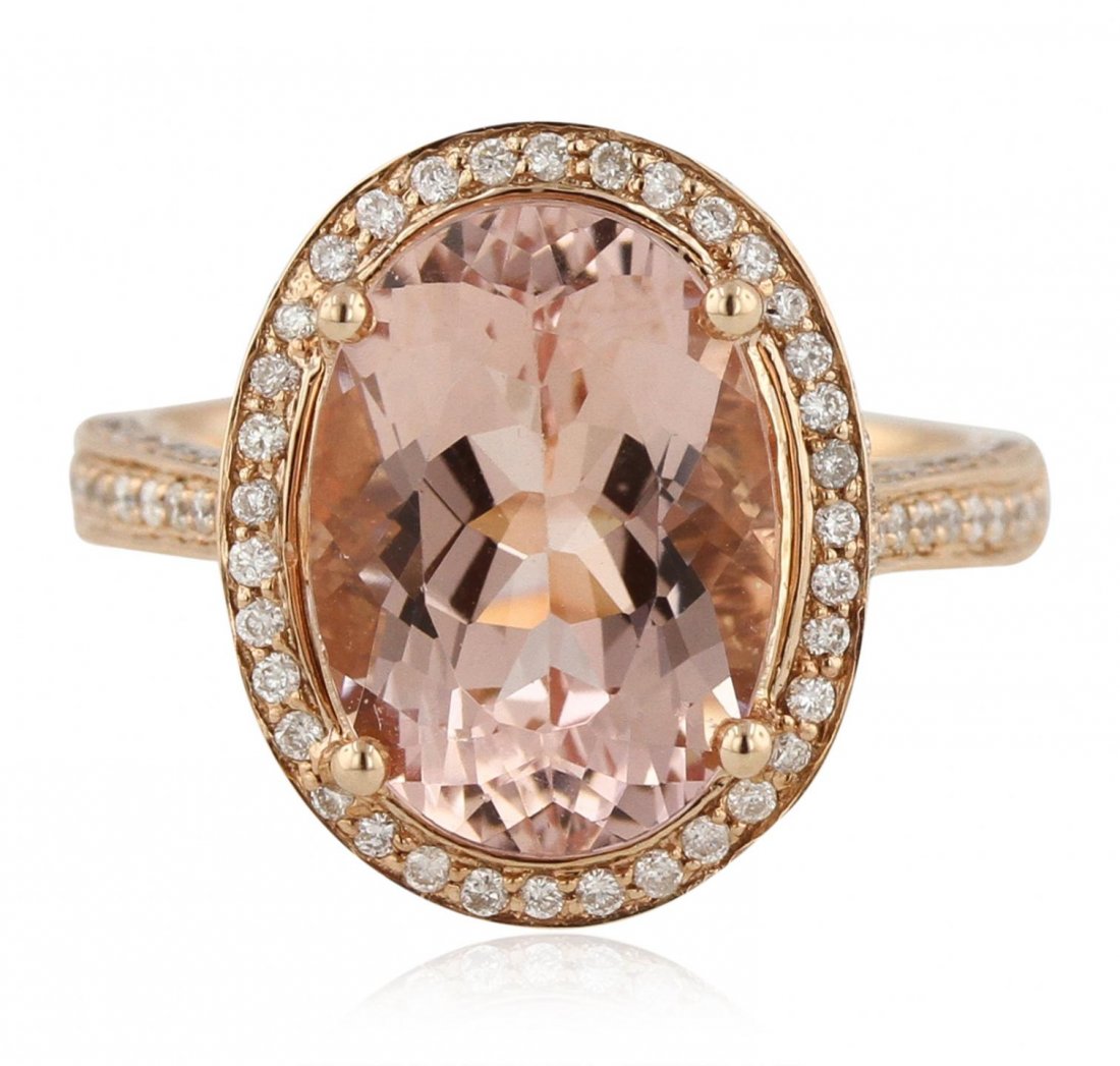 14KT Rose Gold 5.79ct Morganite and Diamond Ring CRJ60: 14KT Rose Gold 5.79ct Morganite and Diamond Ring CRJ60. Good Condition! HC2031ZW. One ring featuring 5.55 grams of 14KT rose gold with morganite with a total weight of 5.79cts and (127) diamonds with