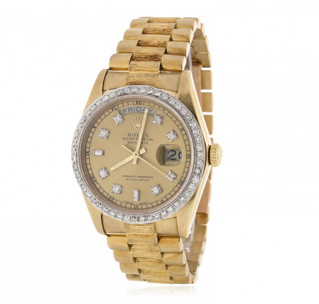 Gents Rolex 18KT Yellow Gold Diamond DayDate Wristwatch: Gents Rolex 18KT Yellow Gold Diamond DayDate Wristwatch A5681. Average Condition! YW9059ZT. One gents, hand crafted & machine milled Rolex DayDate Model The President wristwatch electronically tested