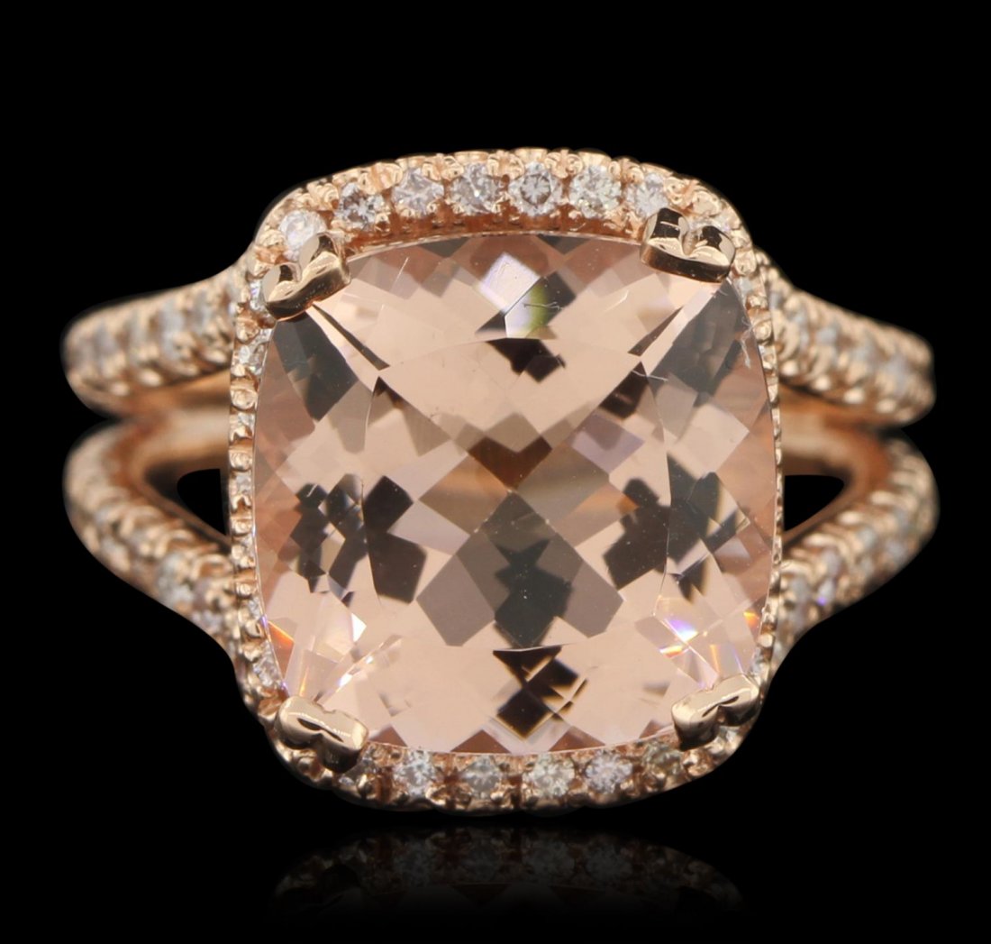 14KT Rose Gold 6.68ct Morganite and Diamond Ring A6157: 14KT Rose Gold 6.68ct Morganite and Diamond Ring A6157. Great Condition! UJ4081WE. One electronically tested 14KT rose gold ladies cast morganite and diamond ring. Condition is new, good workmanship.