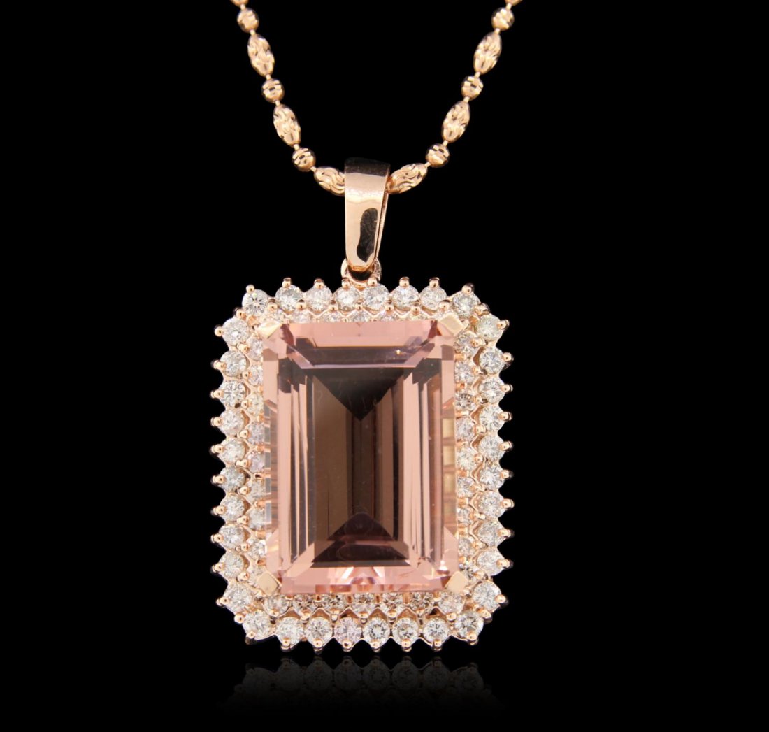 14KT Rose Gold 25.98ct Morganite and Diamond Pendant: 14KT Rose Gold 25.98ct Morganite and Diamond Pendant With Chain A6487. Great Condition! GN8005RR. One electronically tested 14KT rose gold ladies cast & assembled morganite and diamond pendant with ch