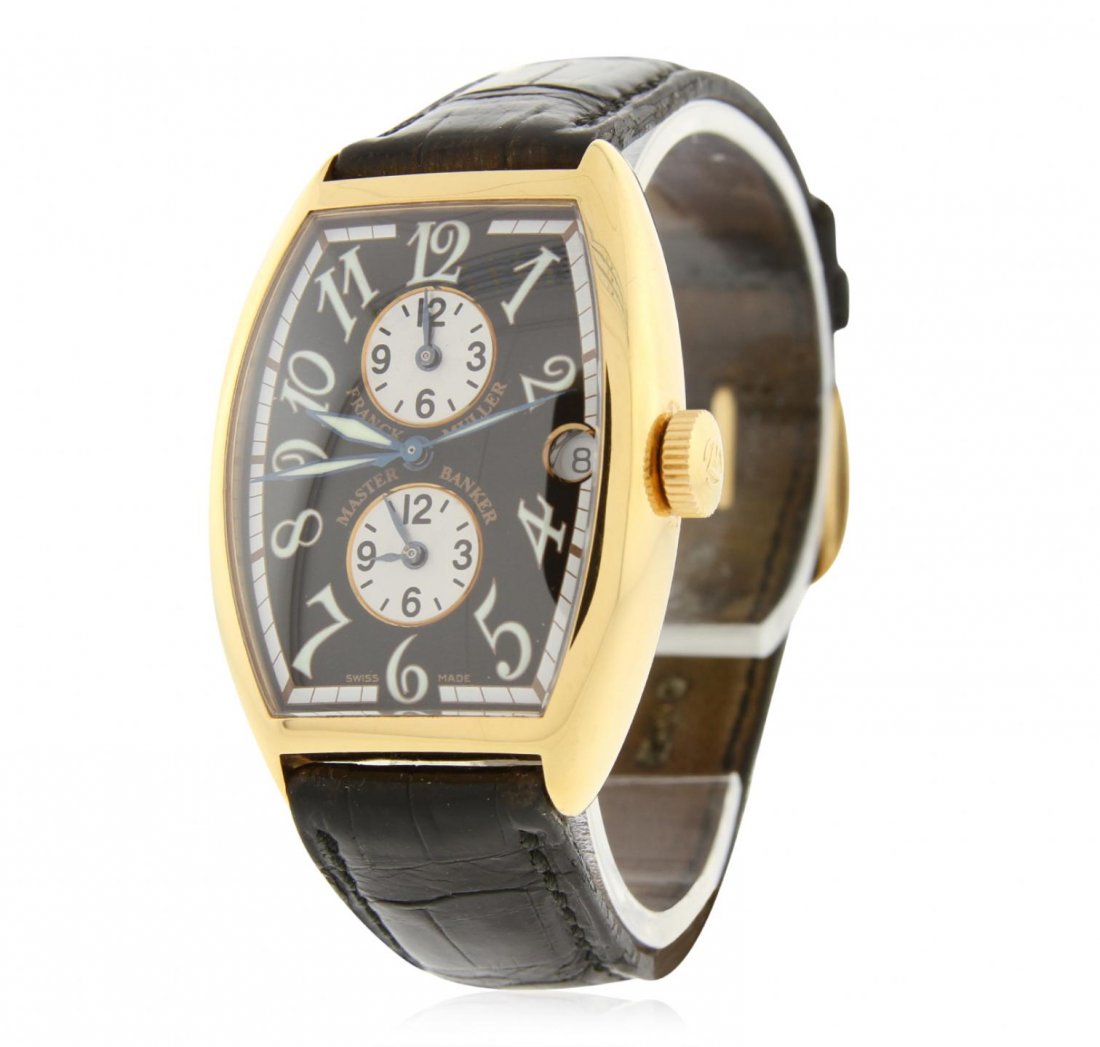 Gents Franck Muller 18KT Yellow Gold Master Banker: Gents Franck Muller 18KT Yellow Gold Master Banker Wristwatch GB4104. Average Condition! XE40001VG. One, custom cast & hand crafted Franck Muller Master of Complications the Master Banker Wristwatch,