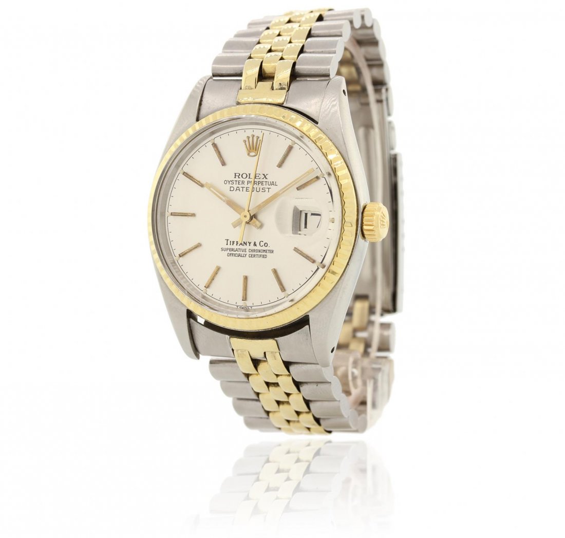 Gents Rolex Two-Tone Tiffany & Co DateJust Wristwatch: Gents Rolex Two-Tone Tiffany & Co DateJust Wristwatch GB4455. G-4 Average Condition! XR3522RV. One gents, hand crafted & machine milled Rolex two-tone DateJust model wristwatch electronically tested, 