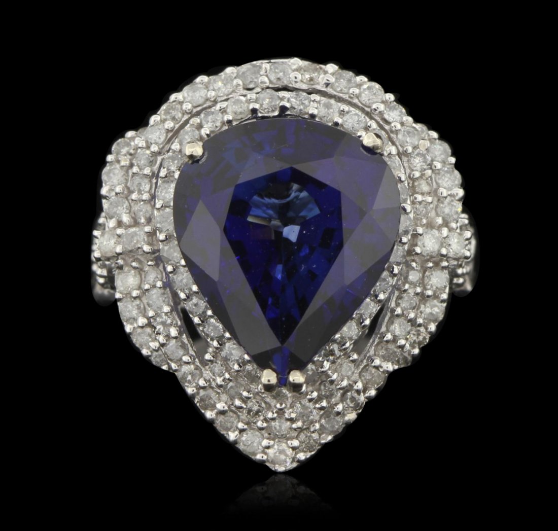 14KT White Gold 9.06ct GIA Certified Sapphire and: 14KT White Gold 9.06ct GIA Certified Sapphire and Diamond Ring RM1478. Good Condition! EX6051ZE. One ring featuring 7.8 grams of 14KT white gold, (1) pear mixed cut sapphire measuring 14.29 x 12.00 x