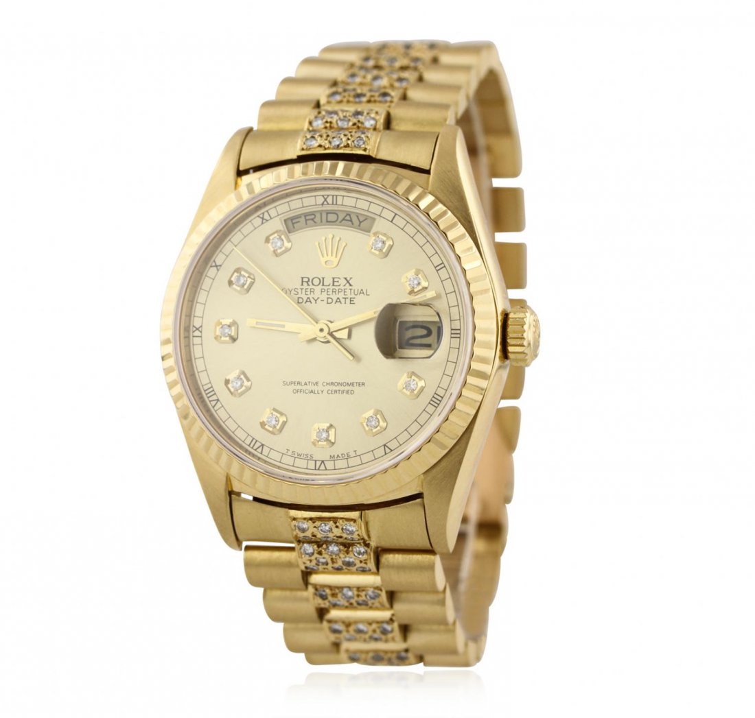 Gents Rolex 18KT Gold DayDate President Wristwatch: Gents Rolex 18KT Gold DayDate President Wristwatch GB2353. G-5 Fine Condition! TN90011BC. One, hand crafted & machine milled Rolex President the DayDate model wristwatch electronically tested 18KT yel