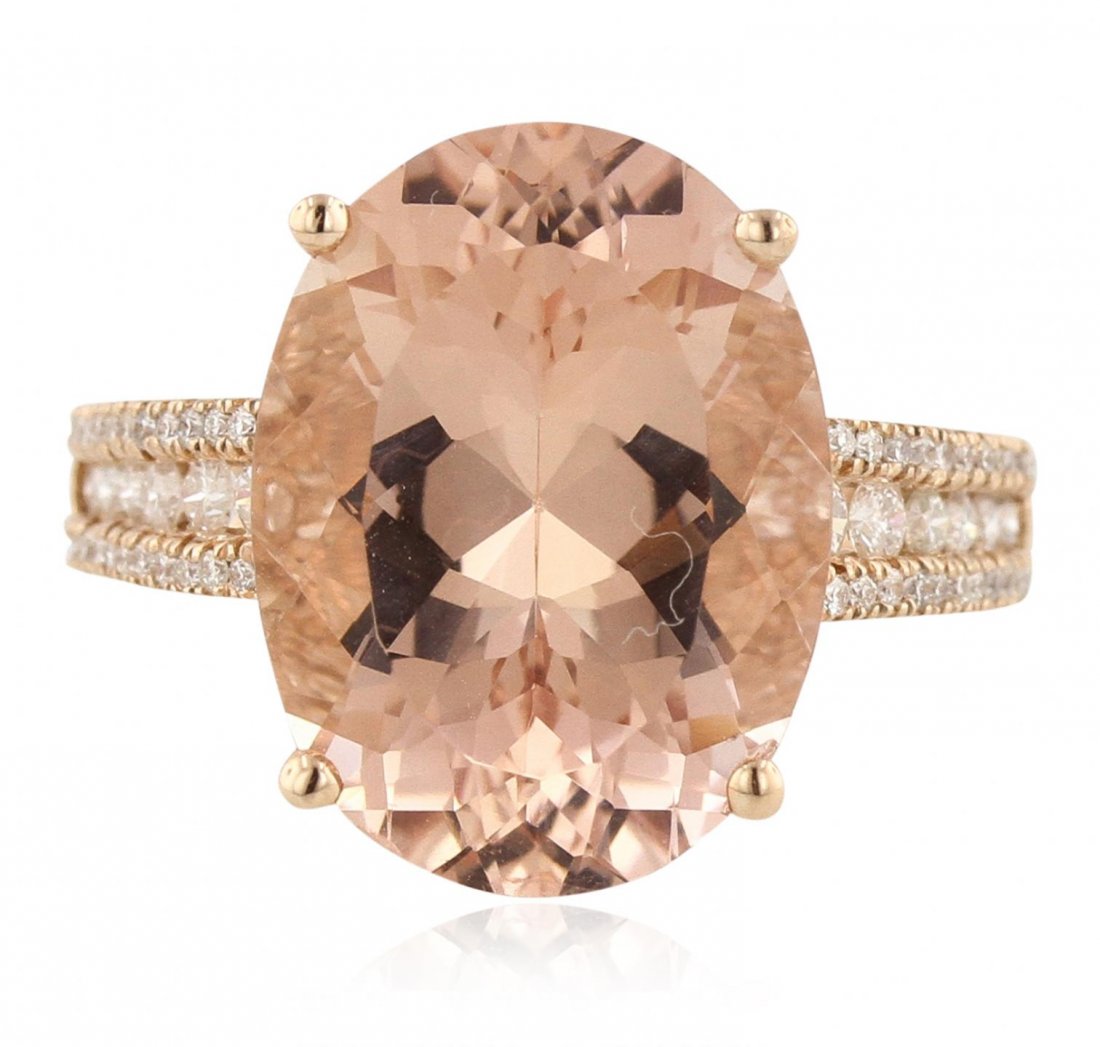 14KT Rose Gold 9.18ct Morganite and Diamond Ring CRJ61: 14KT Rose Gold 9.18ct Morganite and Diamond Ring CRJ61. Good Condition! VN3021XW. One ring featuring 3.54 grams of 14KT rose gold with morganite with a total weight of 9.18cts and (60) diamonds with a