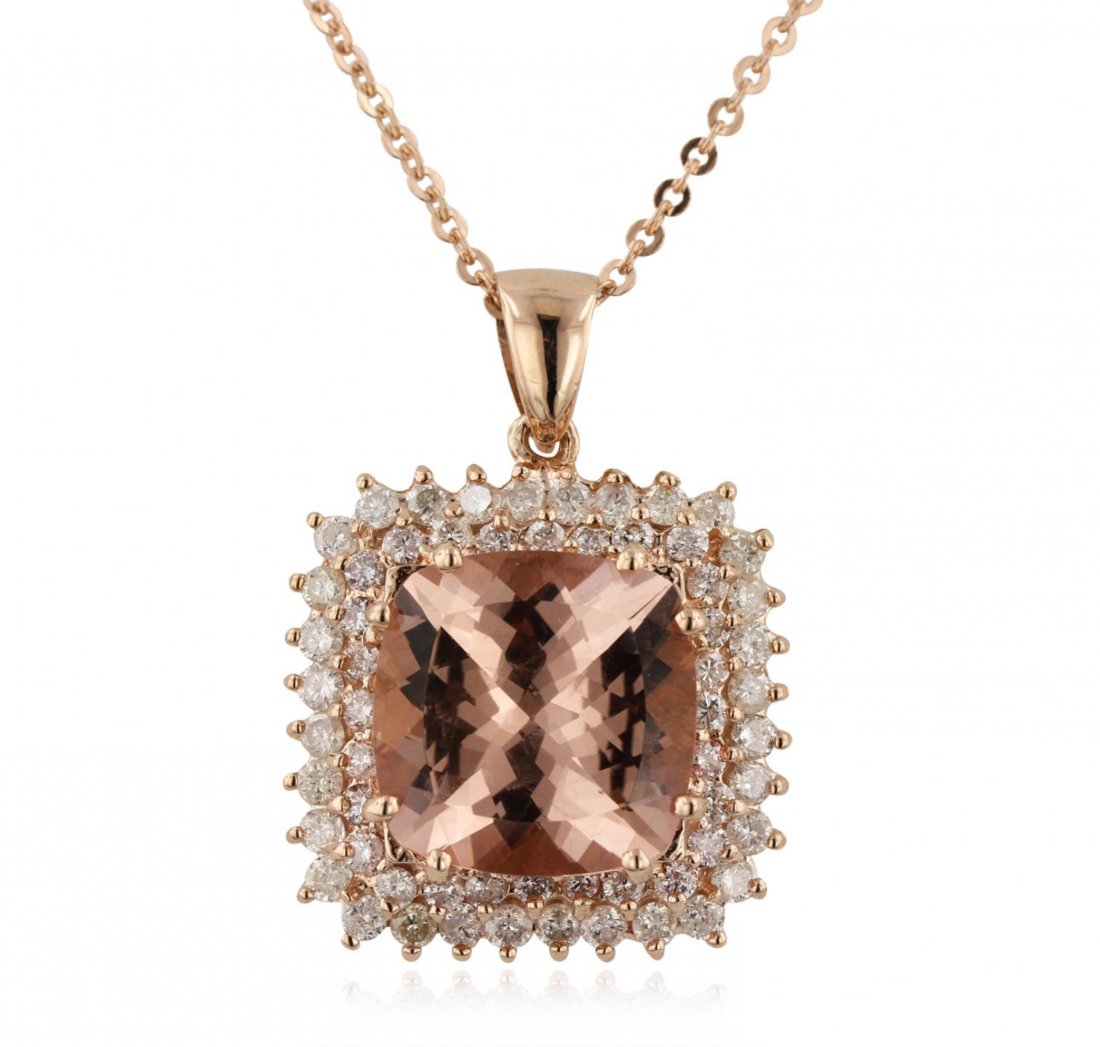 14KT Rose Gold 9.27ct Morganite and Diamond Pendant: 14KT Rose Gold 9.27ct Morganite and Diamond Pendant With Chain A6190. Great Condition! AY7052HJ. One electronically tested 14KT rose gold ladies cast & assembled morganite and diamond pendant with cha