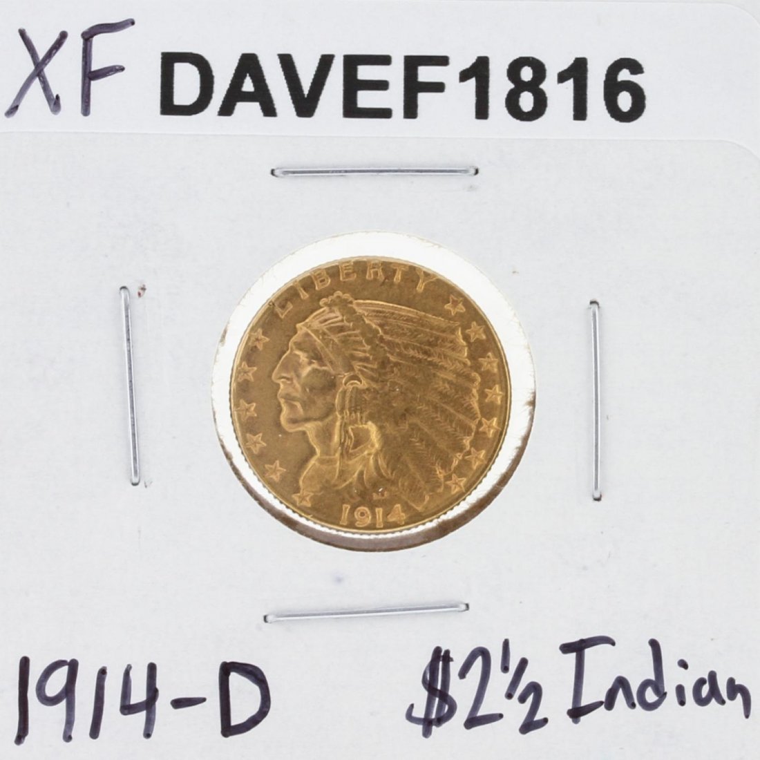1914-D $2 1/2 XF Indian Head Quarter Eagle Gold Coin: 1914-D $2 1/2 XF Indian Head Quarter Eagle Gold Coin DAVEF1816. As-Is Condition! BP253KU. One 1914-D $2 1/2 XF Indian Head Quarter Eagle Gold Coin.
