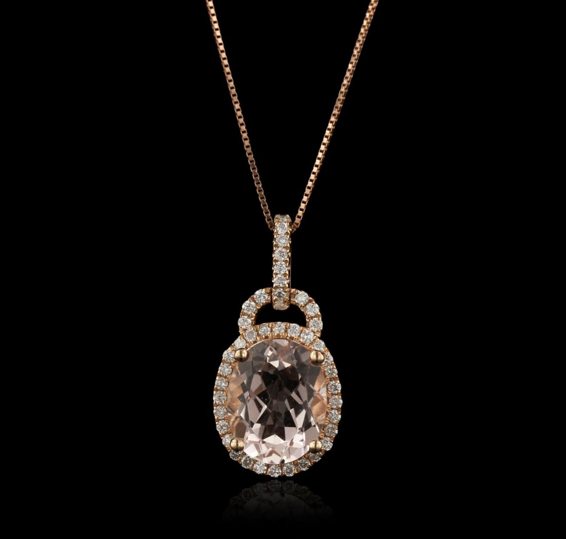 14KT Rose Gold 2.12ct Morganite and Diamond Pendant: 14KT Rose Gold 2.12ct Morganite and Diamond Pendant With Chain CRJ142. Good Condition! JD755KW. One pendant with chain featuring: 2.41 grams of 14KT rose gold, (1) 2.12ct morganite and 0.23cts of diam