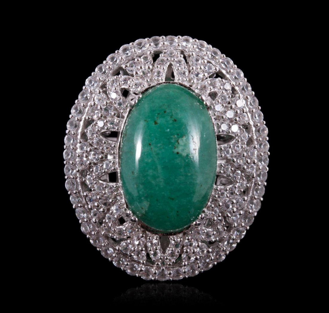 SILVER 13.41ct Green Beryl and White Sapphire Ring: SILVER 13.41ct Green Beryl and White Sapphire Ring RM1284. Good Condition. WR213PT. One ring featuring a total weight of 14.70 grams of "925" silver, (1) dyed green beryl with a total weight of 13.41c