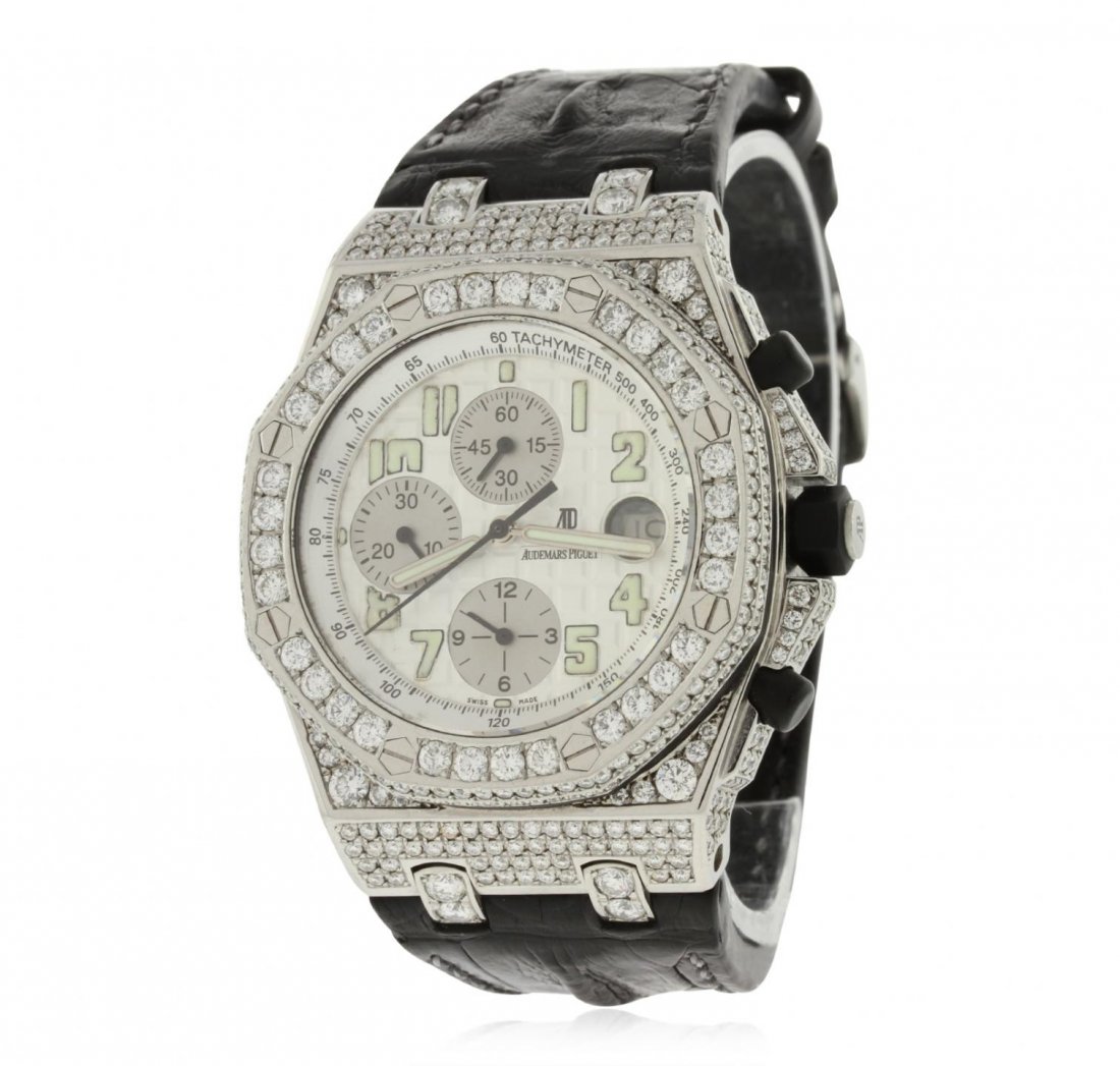 Gents Audemars Piguet Royal Oak Offshore Chronograph: Gents Audemars Piguet Royal Oak Offshore Chronograph 6.85ctw Diamond Wristwatch GB4905. G-4 Average Condition! FH20022ZM. One, Audemars Piguet Royal Oak Offshore Chronograph wristwatch electronically 